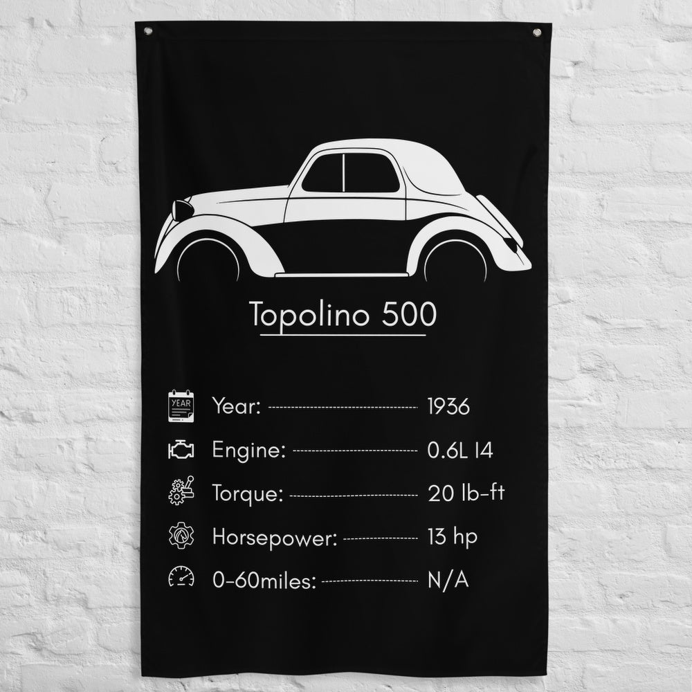 Fiat Topolino 500 1936 car silhouette spec flag - White Brick Wall