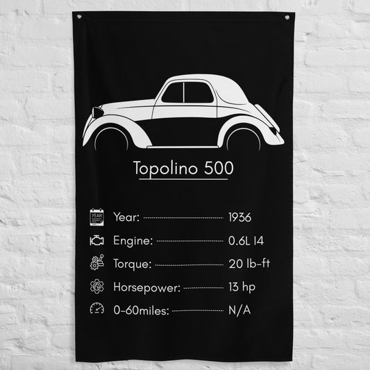 Fiat Topolino 500 1936 car silhouette spec flag - White Brick Wall