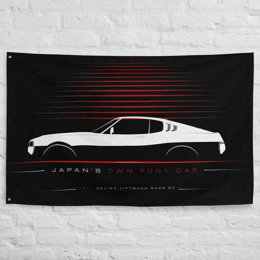Toyota Celica Liftback RA28 GT 1975 car silhouette flag - White Brick Wall