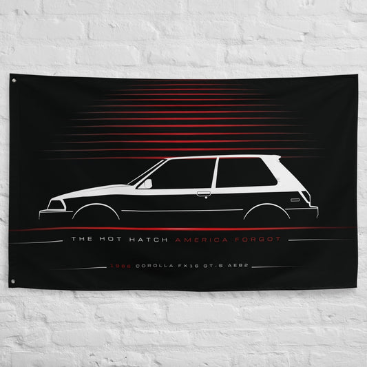 Toyota Corolla FX16 GT-S AE82 1986 car silhouette flag - White Brick Wall