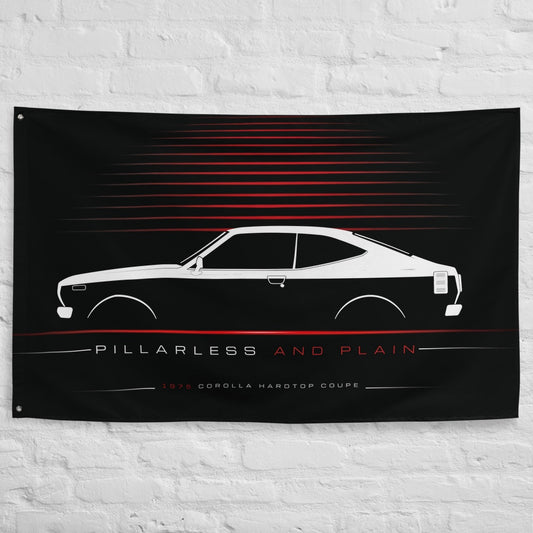Toyota Corolla Hardtop Coupe E37 1975 car silhouette flag - White Brick Wall
