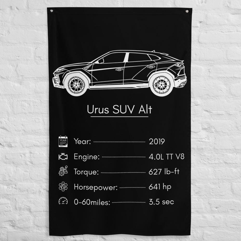 Lamborghini Urus SUV 2019 (Design 2) car silhouette spec flag - White Brick Wall