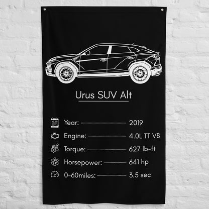 Lamborghini Urus SUV 2019 (Design 2) car silhouette spec flag - White Brick Wall