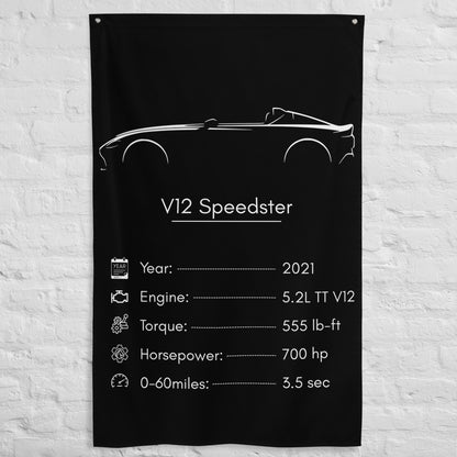Aston Martin V12 Speedster 2021 car silhouette spec flag - White Brick Wall