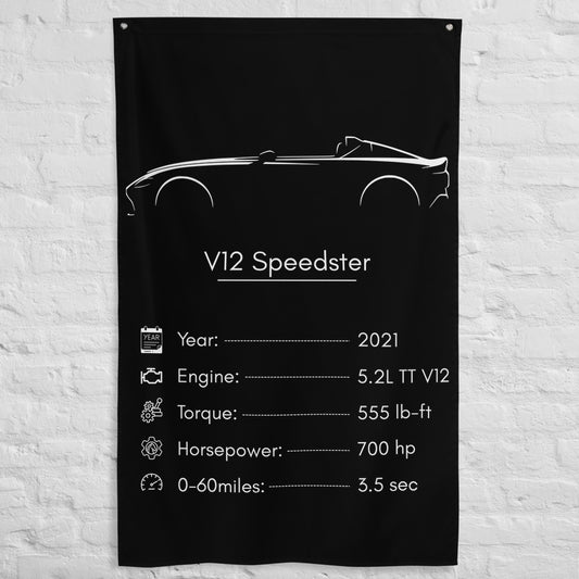 Aston Martin V12 Speedster 2021 car silhouette spec flag - White Brick Wall