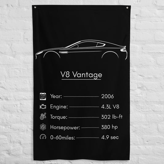Aston Martin V8 Vantage 2006 car silhouette spec flag - White Brick Wall