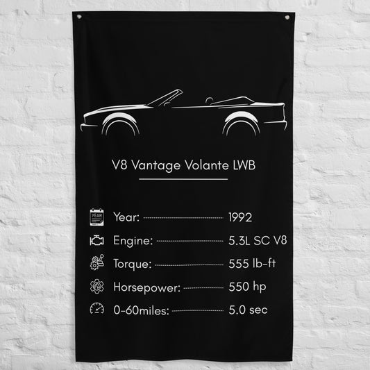Aston Martin V8 Vantage Volante LWB 1992 car silhouette spec flag - White Brick Wall