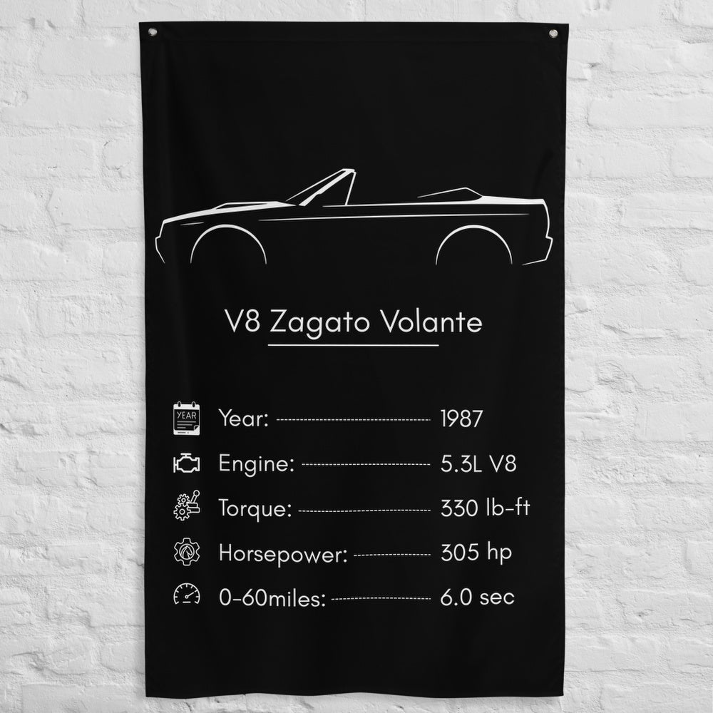 Aston Martin V8 Zagato Volante 1987 car silhouette spec flag - White Brick Wall