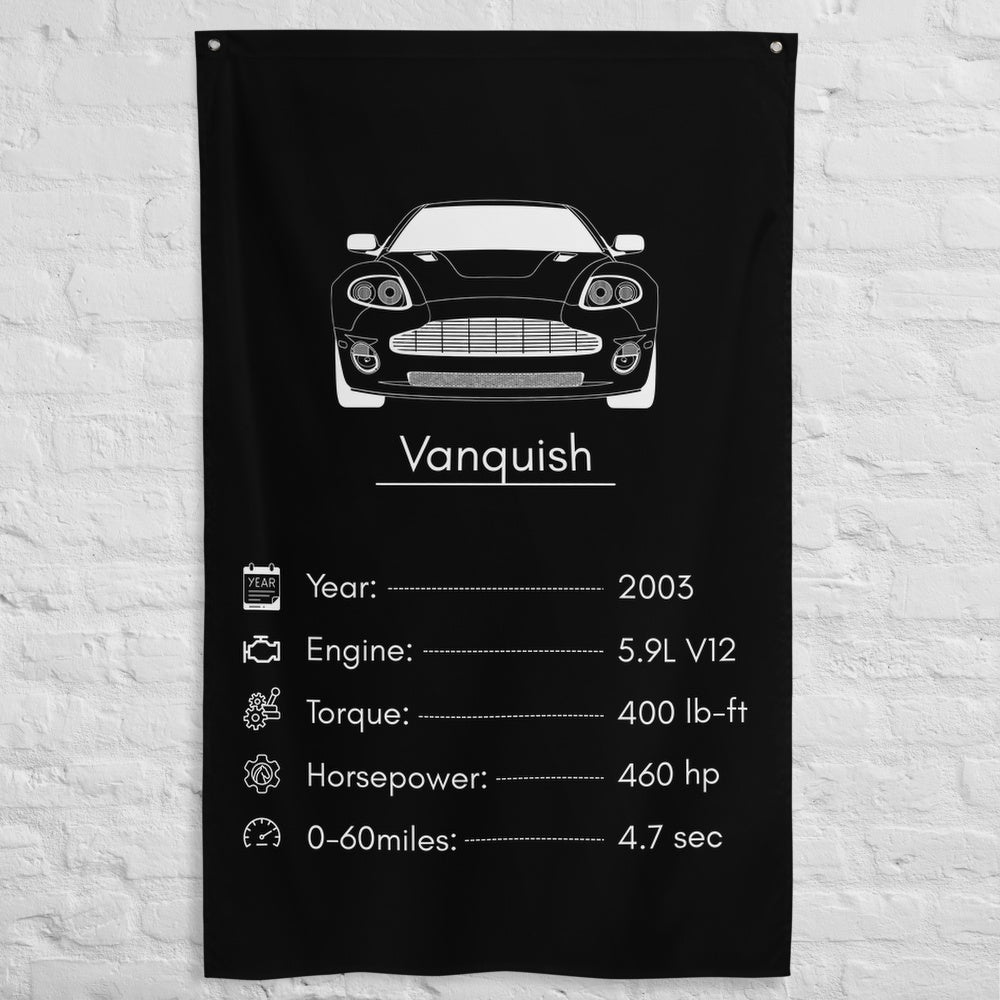 Aston Martin Vanquish 2003 car silhouette spec flag - White Brick Wall