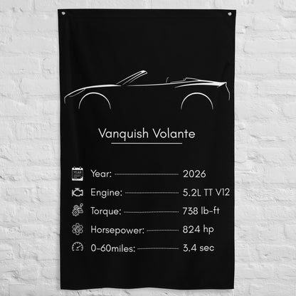 Aston Martin Vanquish Volante 2026 car silhouette spec flag - White Brick Wall