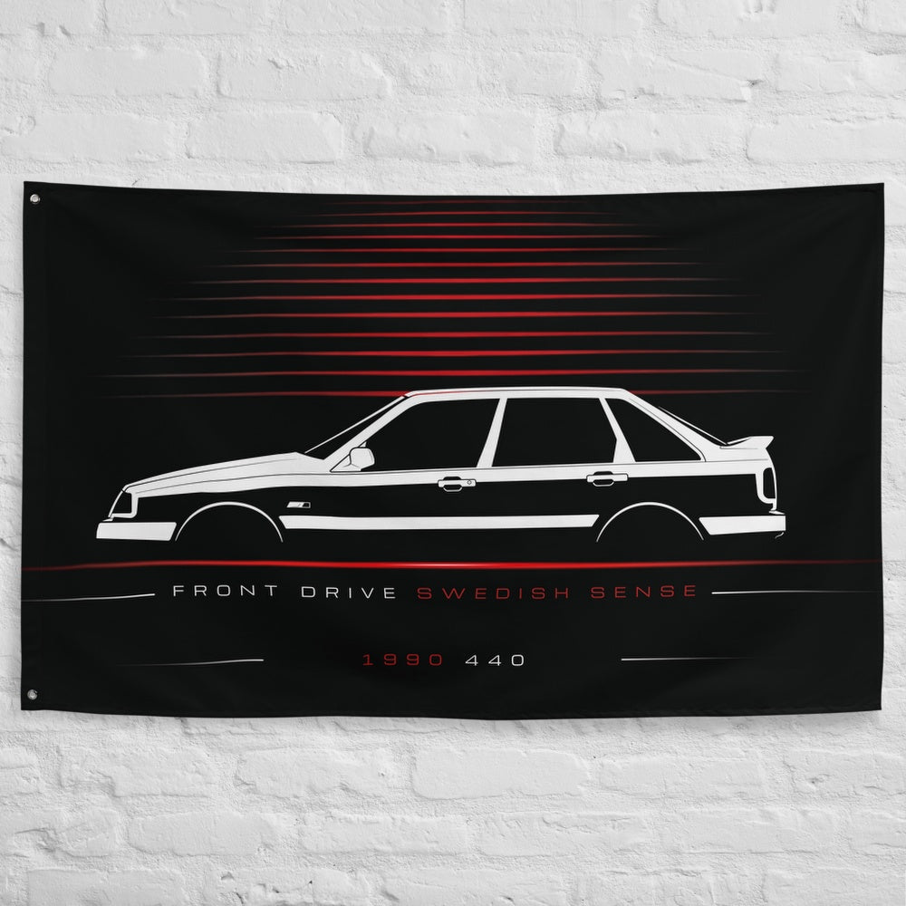 Volvo 440 1990 car silhouette flag - White Brick Wall
