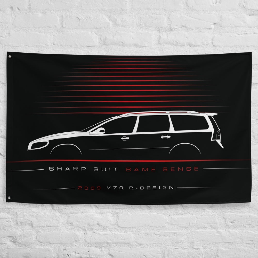 Volvo V70 R-Design 2009 car silhouette flag - White Brick Wall