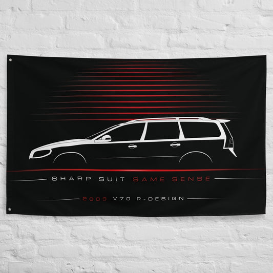 Volvo V70 R-Design 2009 car silhouette flag - White Brick Wall