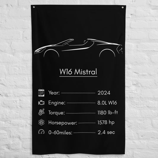 Bugatti W16 Mistral 2024 car silhouette spec flag - White Brick Wall