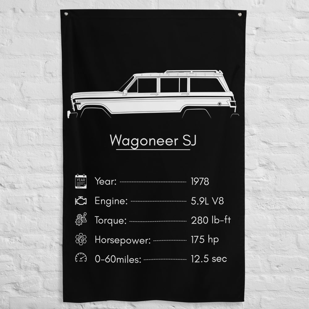 Jeep Wagoneer SJ 1978 car silhouette spec flag - White Brick Wall