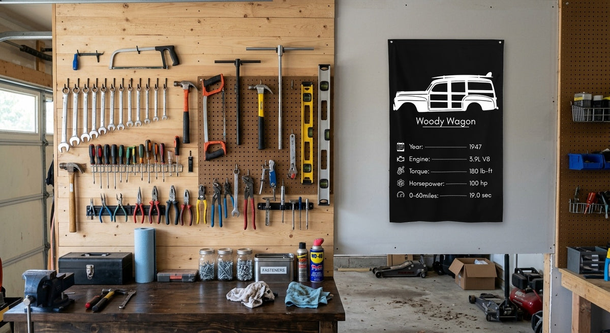 Ford Woody Wagon 1947 car silhouette spec flag - Garage Pegboard Wall