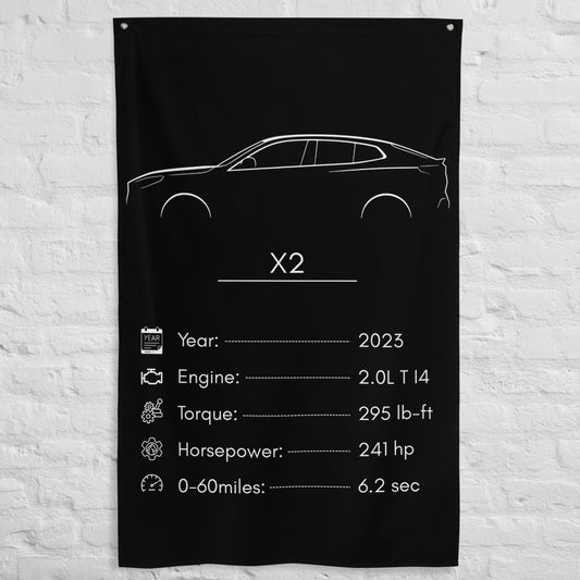 BMW X2 2023 car silhouette spec flag - White Brick Wall