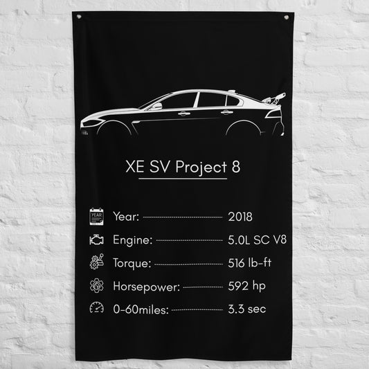 Jaguar XE SV Project 8 2018 car silhouette spec flag - White Brick Wall