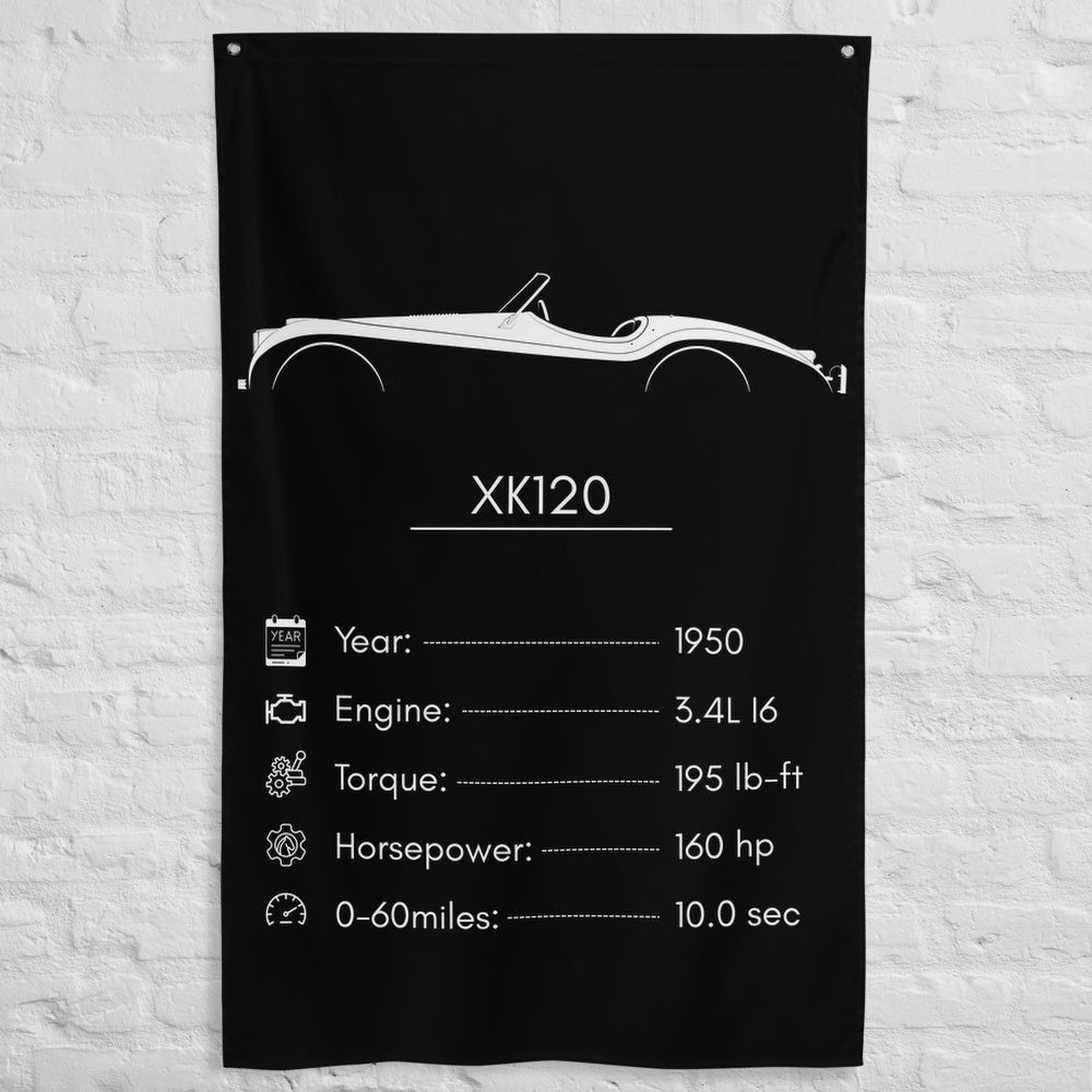 Jaguar XK120 1950 car silhouette spec flag - White Brick Wall