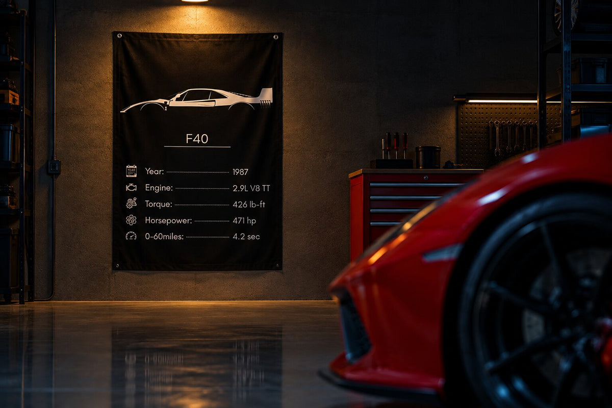 Ferrari F40 spec flag, 3 by 5 feet, hung on a garage wall