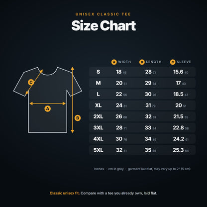 Unisex classic tee size chart S to 5XL in inches and cm