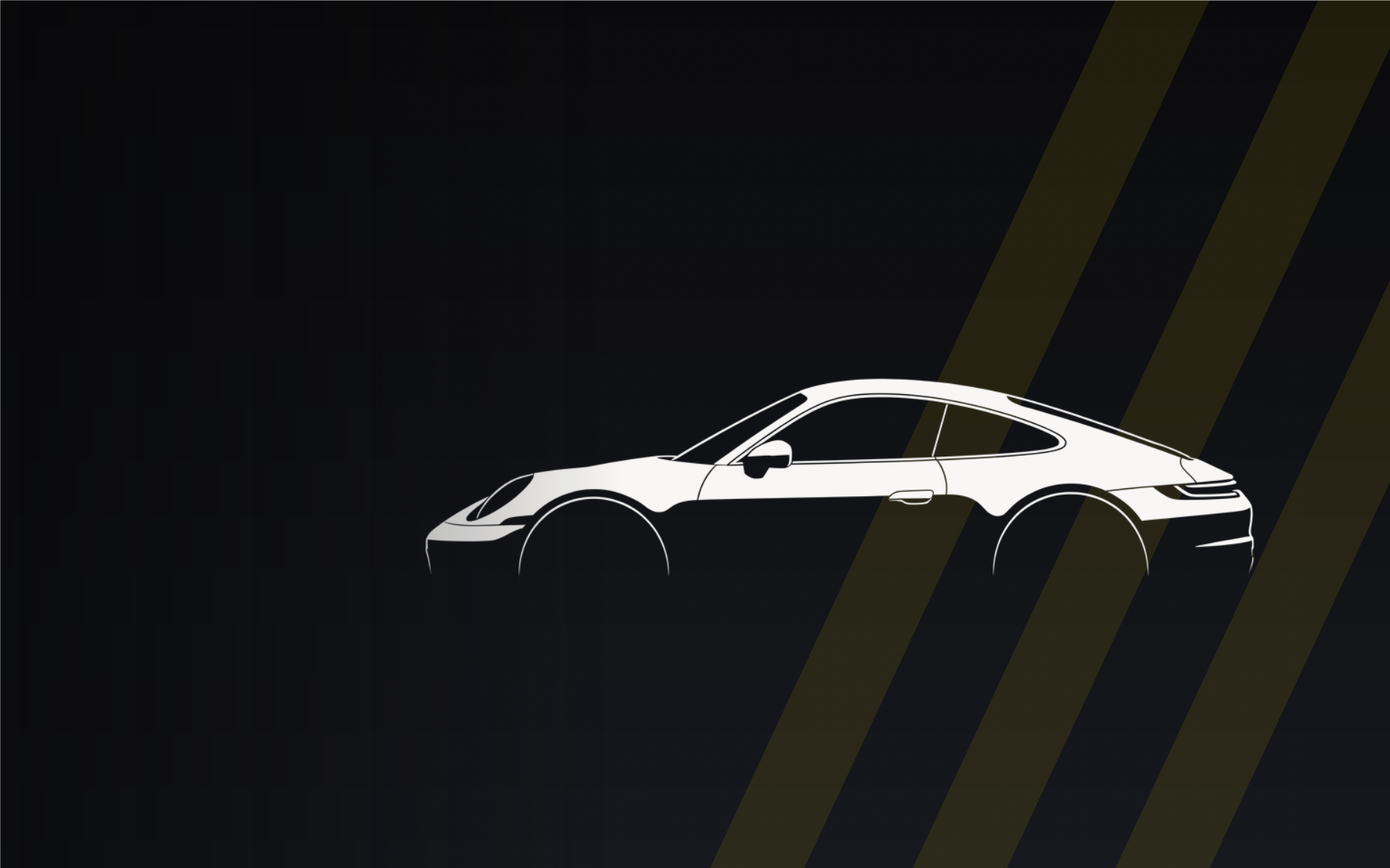 White Porsche 911 silhouette on black background with yellow racing stripes, tall crop