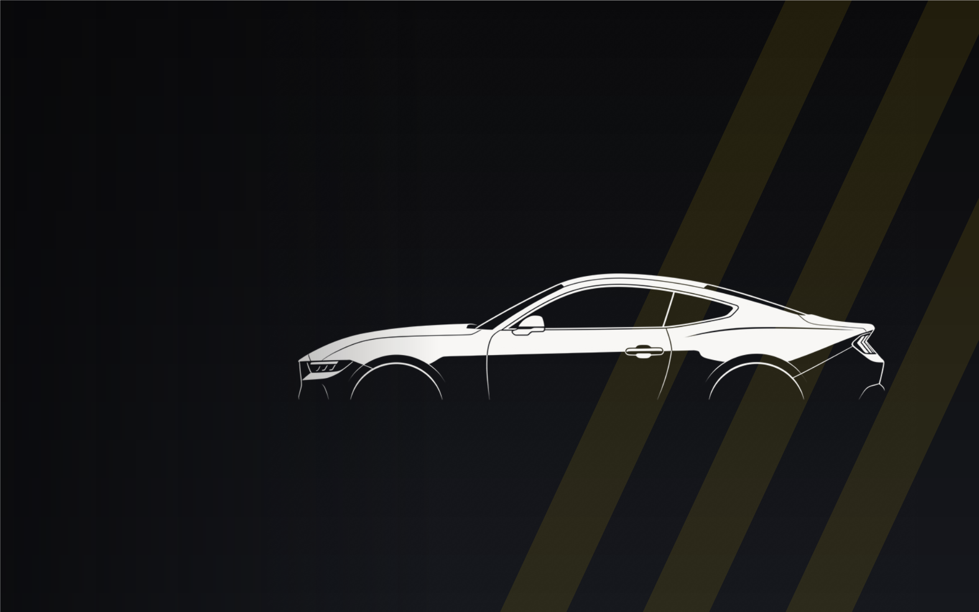 White Ford Mustang GT silhouette on black background with yellow racing stripes