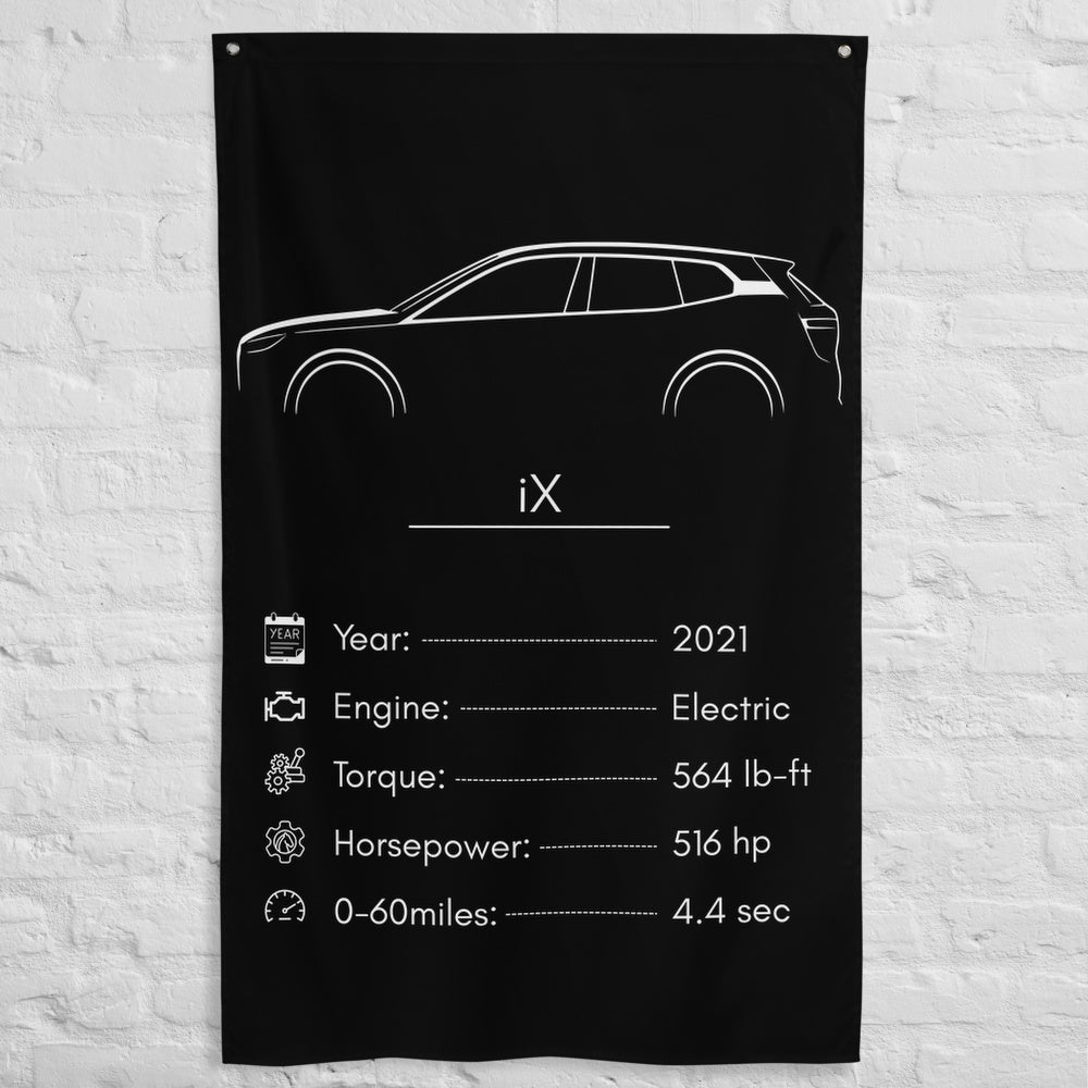 BMW iX 2021 car silhouette spec flag - White Brick Wall